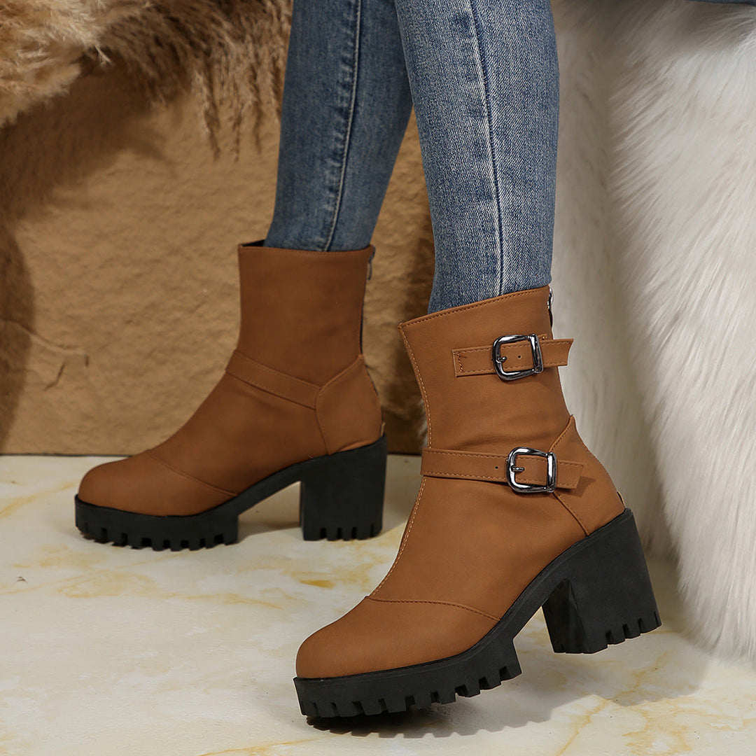 Buckle & Bloom Double-Buckle Chunky-Heel Ankle Boots - Elena Harper