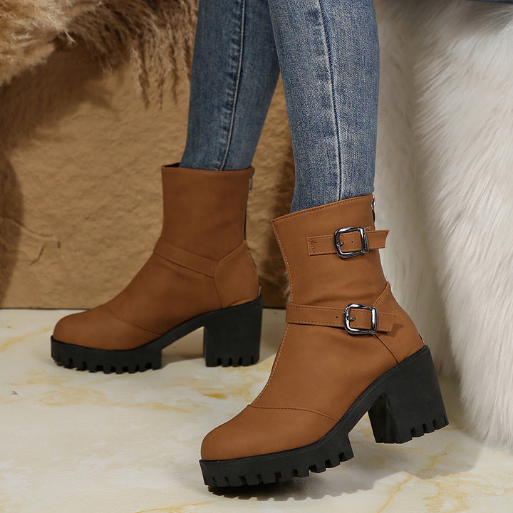Buckle & Bloom Double-Buckle Chunky-Heel Ankle Boots - Elena Harper