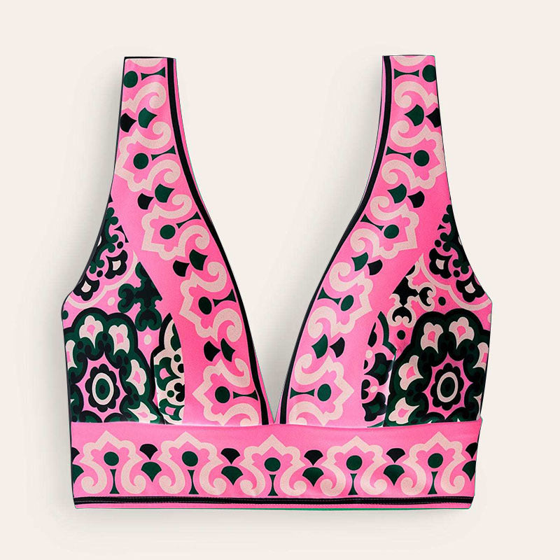 Women's Bikini Top with Deep V-Neck and Floral Pattern EB