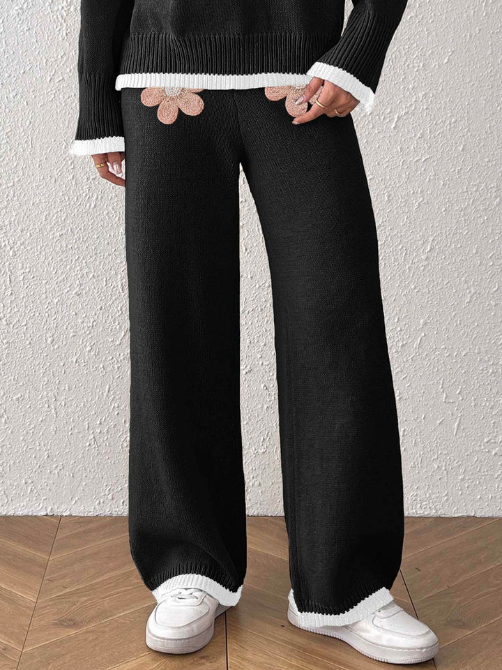 Women's Comfortable Knit Pants with Floral Application Design EB