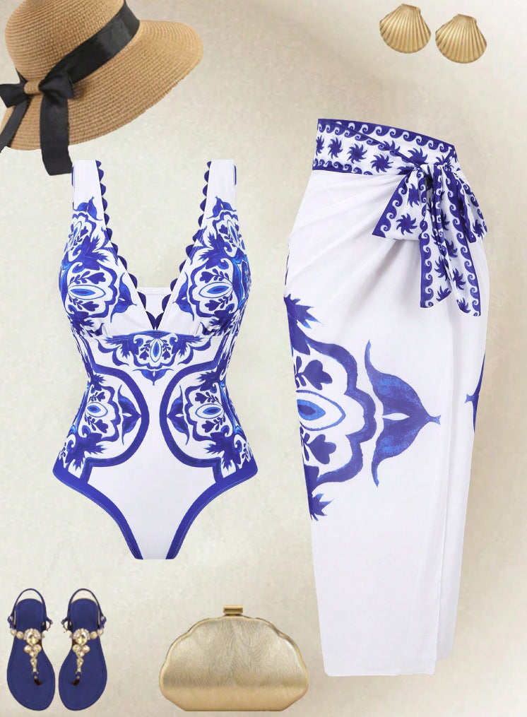 Women's Swimsuit with Feminine Jacquard Pattern and Matching Wrap Skirt EB