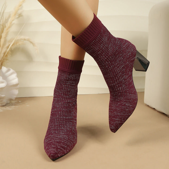 Women's Sock Ankle Boots with Block Heel and Ribbed Texture