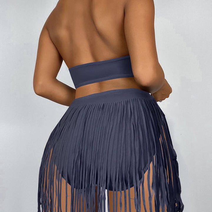 Damen Cut-Out Badeanzug mit fransenverzierter Rockpartie EB