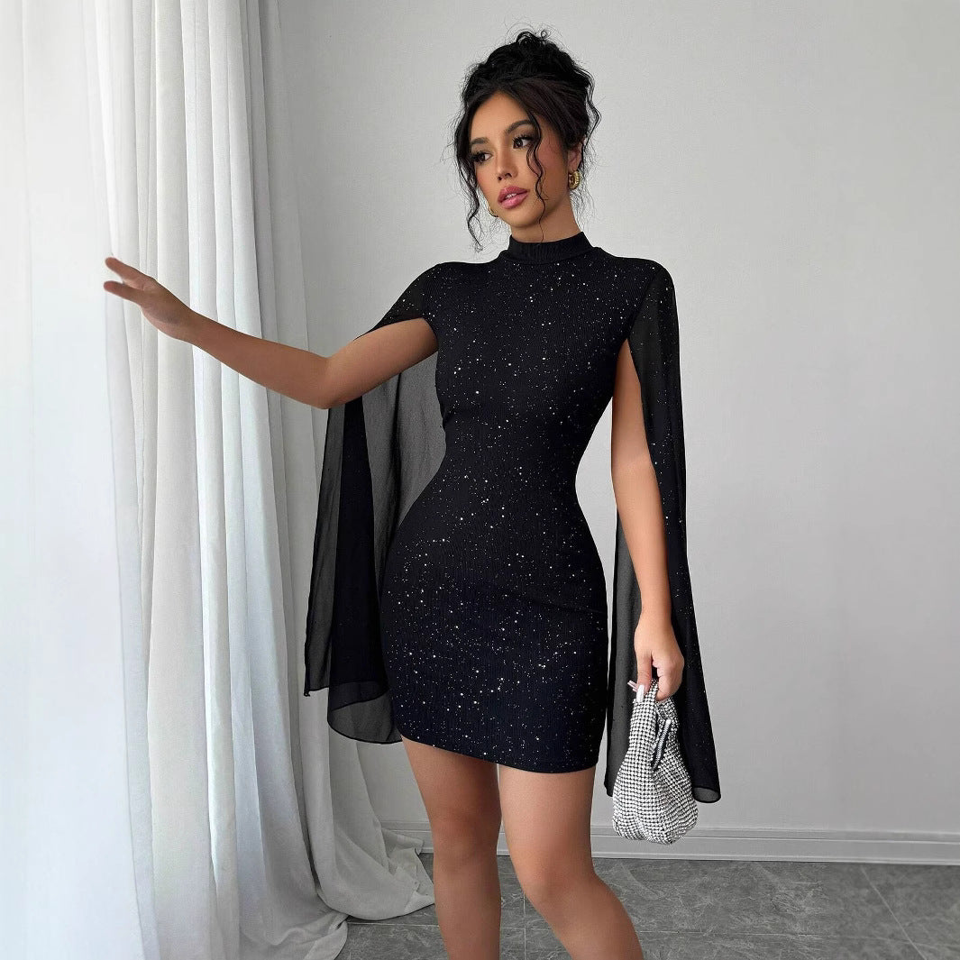 Women's Evening Dress with Shimmering Effect and Flowing Sleeves EB
