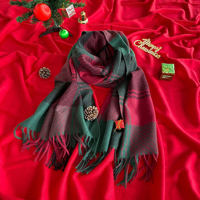 Fringed Scarf with Christmas Plaid Print