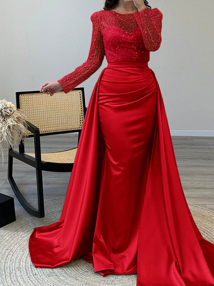 Women's Evening Dress with Sparkling Sequin Top and Elegant Satin Skirt EB