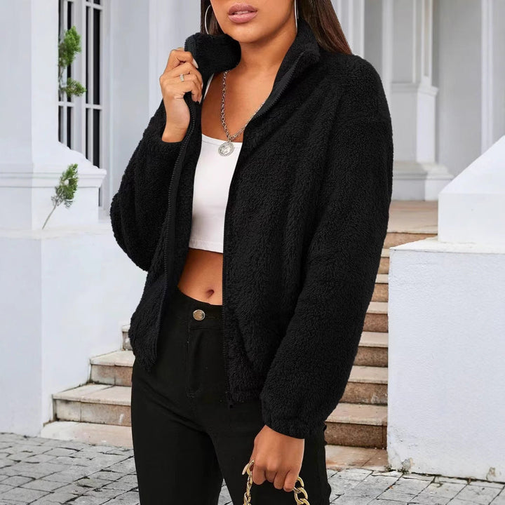 Women's Teddy Zip Jacket with High Collar and Relaxed Fit