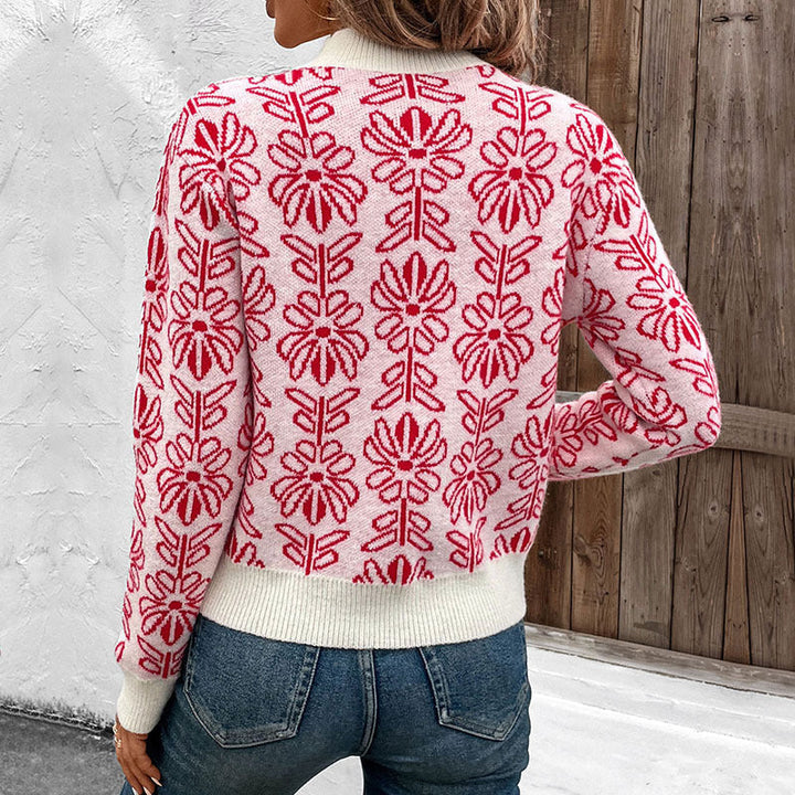 Women's Sweater with Round Neck, Floral Pattern, and Ribbed Cuffs