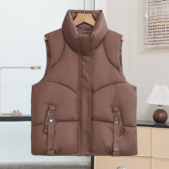 Women's Padded Quilted Vest with High Stand-Up Collar and Decorative Loops