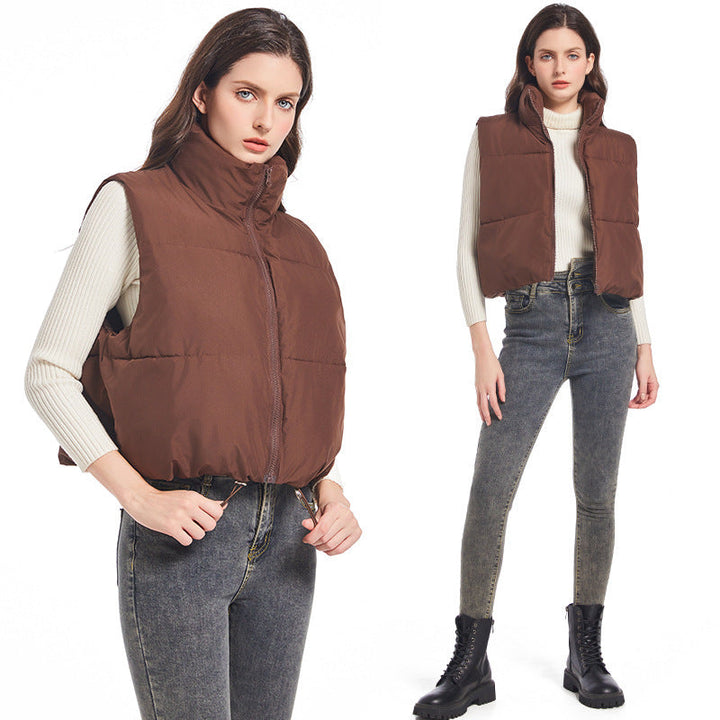 Women's Ultralight Short Padded Vest with High Stand-Up Collar and Drawstring