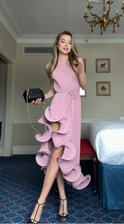 Women's Asymmetrical Ruffle Pleated Maxi Dress