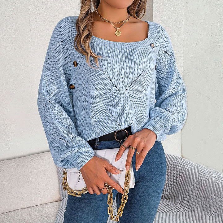Women's Open-Knit Pullover Sweater with Balloon Sleeves