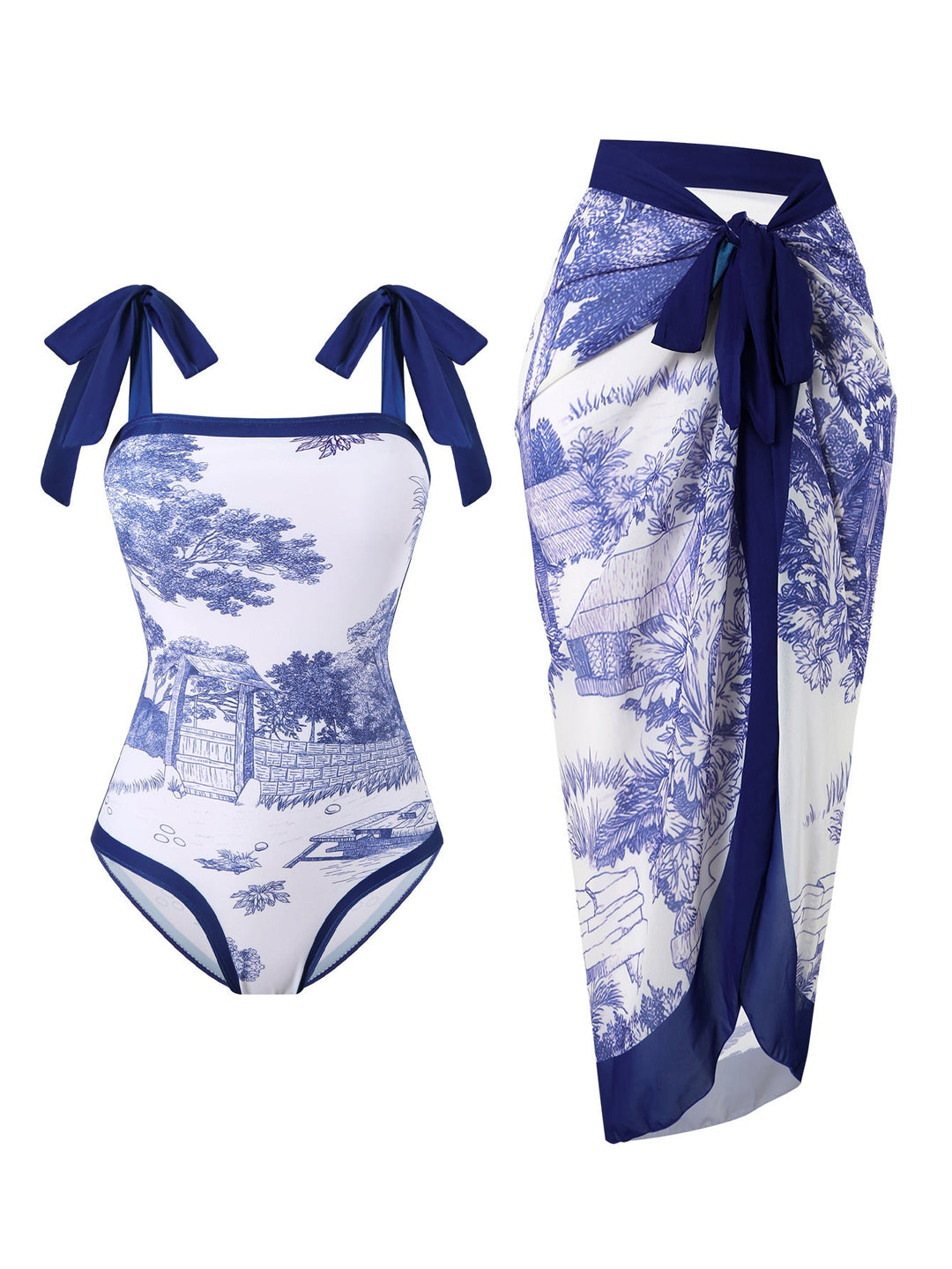 Women's Swimsuit with Floral Design and Transparent Wrap Skirt EB