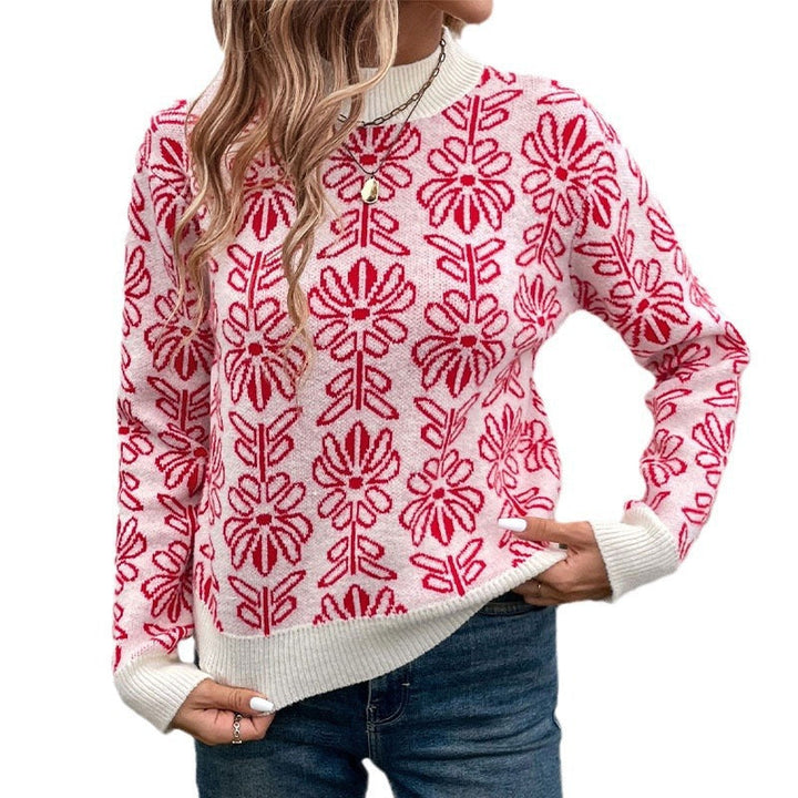 Women's Sweater with Round Neck, Floral Pattern, and Ribbed Cuffs