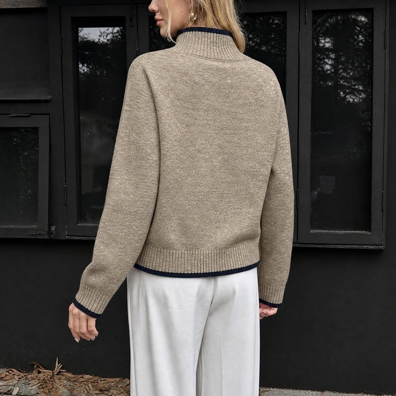 Women's Sweater with Stand Collar, Contrasting Cuffs, and Loose Fit