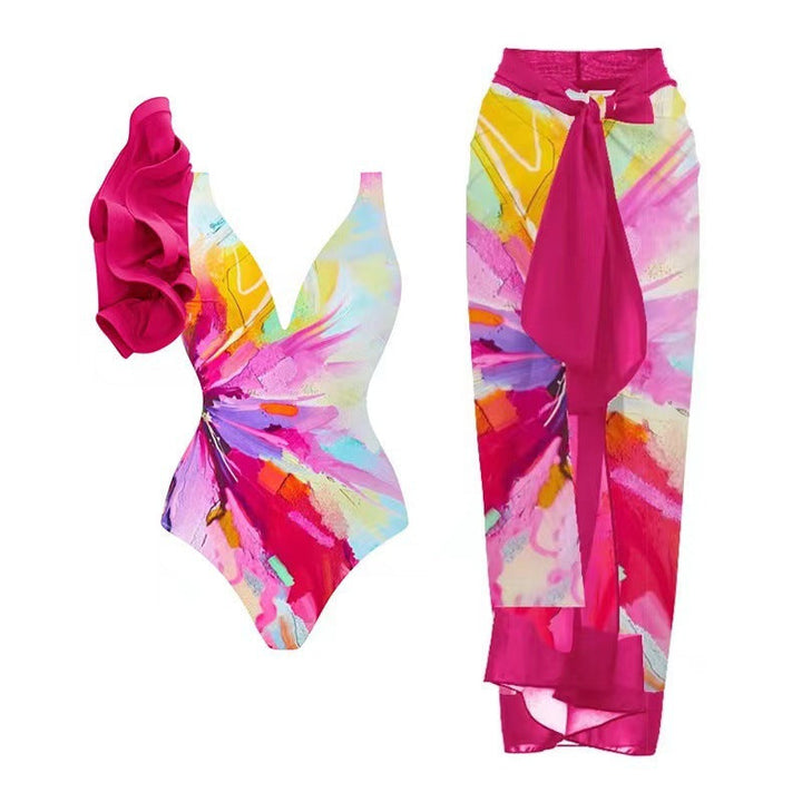 Women's Swimsuit Set with Floral Design and Elegant Wrap Skirt EB