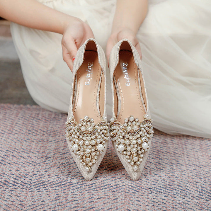 Women's Elegant Bridal Ballet Flats with Lace & Pearls for Weddings