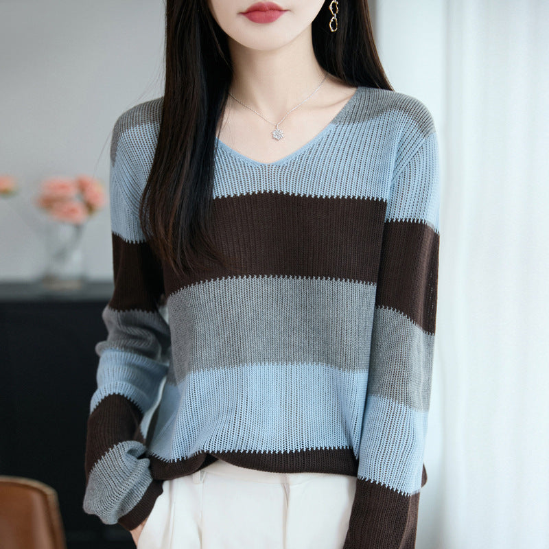 Women's V-Neck Sweater with Stripes
