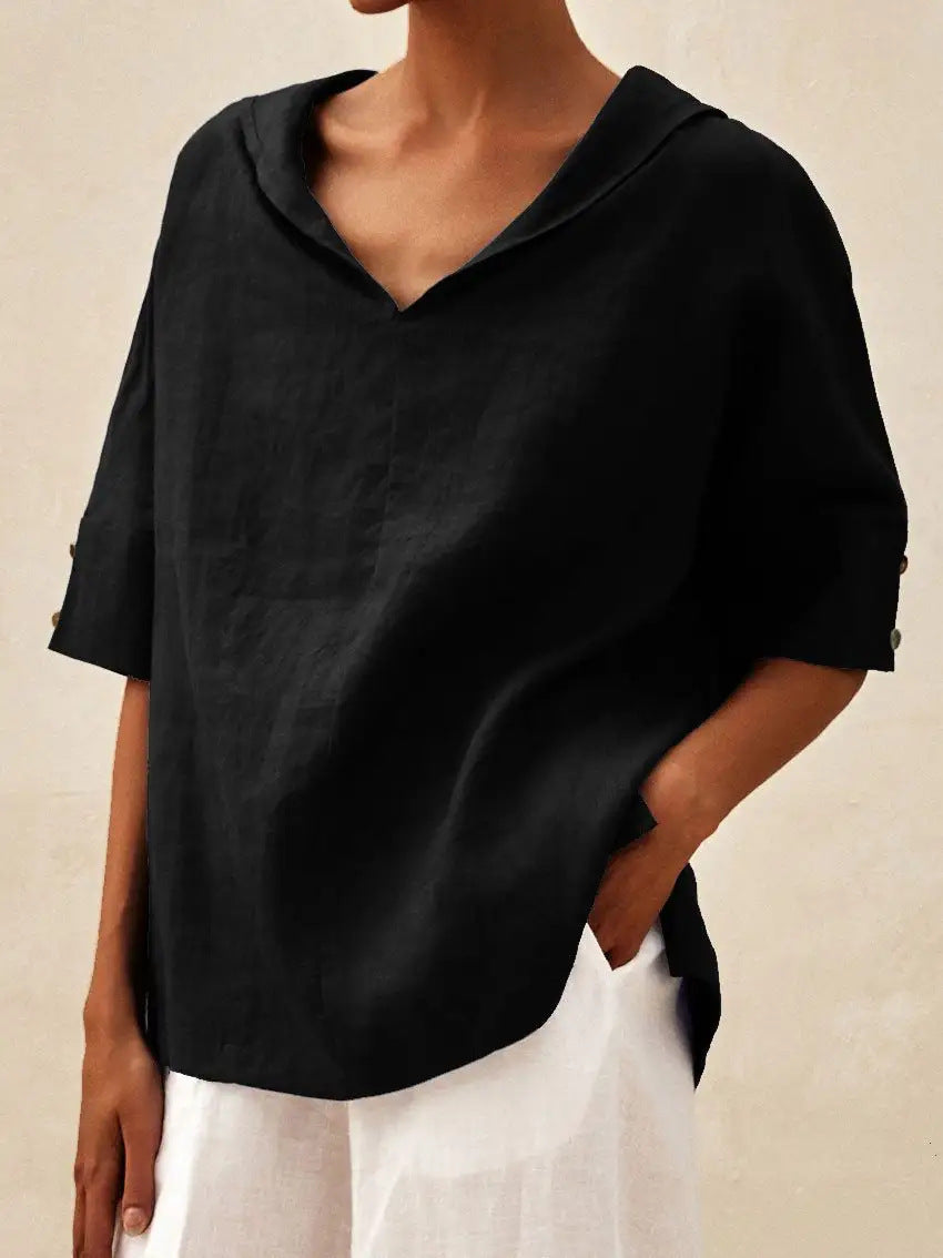 LINEN BLOUSE WITH V-NECK FOR WOMEN