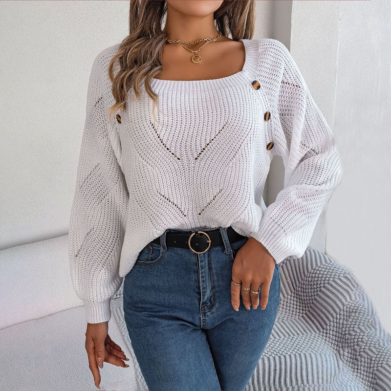 Women's Open-Knit Pullover Sweater with Balloon Sleeves