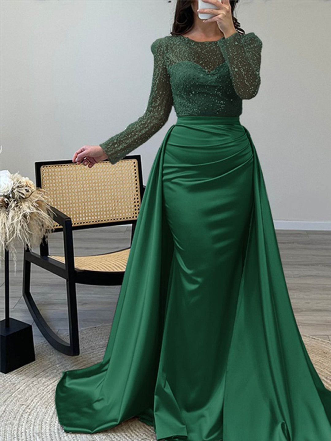 Women's Evening Dress with Sparkling Sequin Top and Elegant Satin Skirt EB