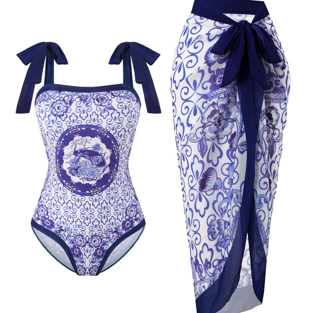 Women's Swimsuit with Floral Design and Transparent Wrap Skirt EB