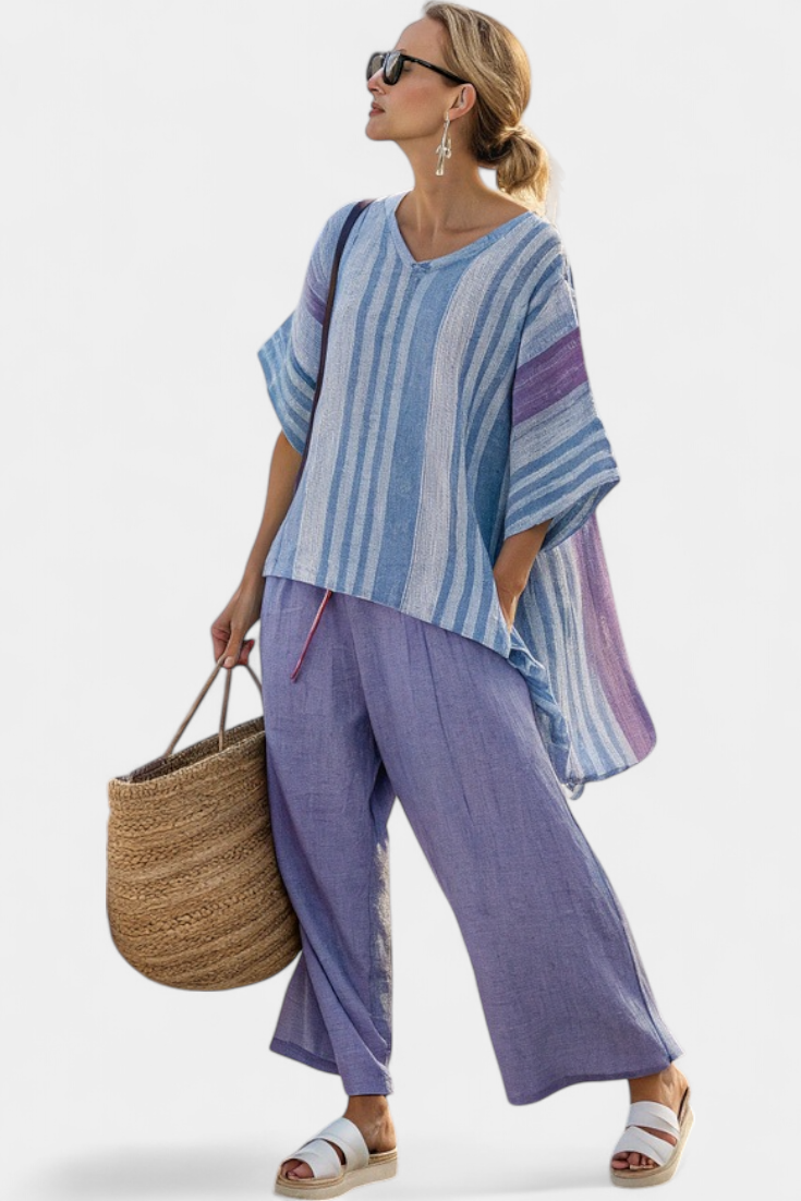 Zellora | Elegant Lavender & Sky Blue Top & Linen Pants