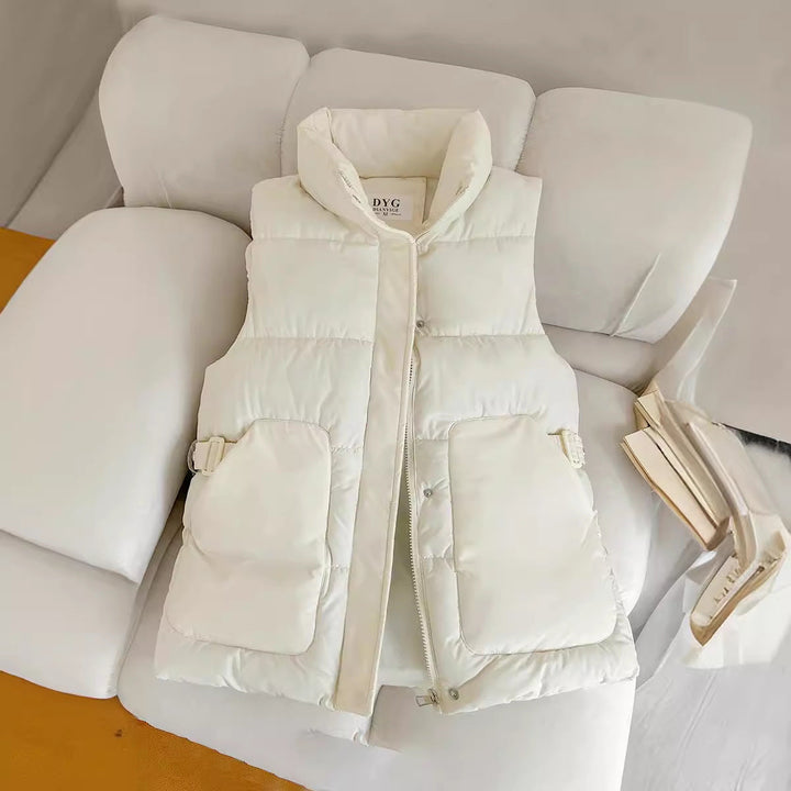 Women's Padded Utility Vest with Stand-Up Collar and Large Flap Pockets
