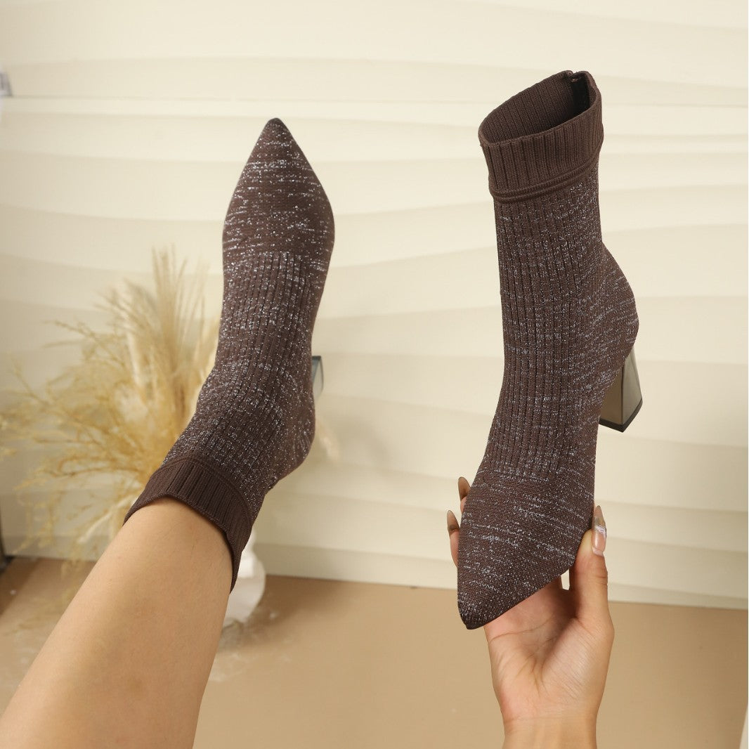 Women's Sock Ankle Boots with Block Heel and Ribbed Texture