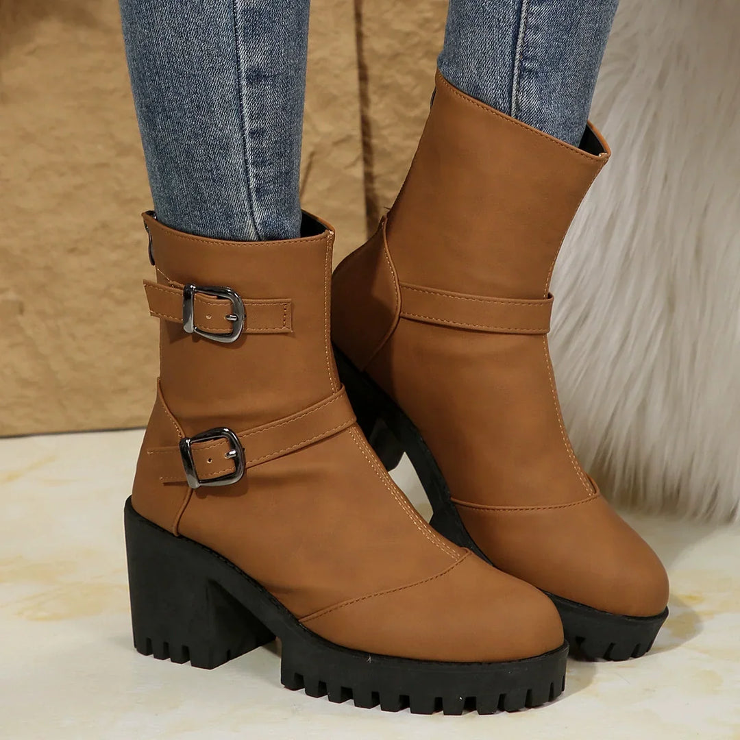 Buckle & Bloom Double-Buckle Chunky-Heel Ankle Boots - Elena Harper