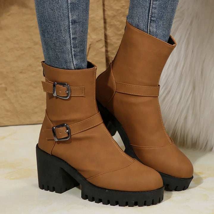 Buckle & Bloom Double-Buckle Chunky-Heel Ankle Boots - Elena Harper
