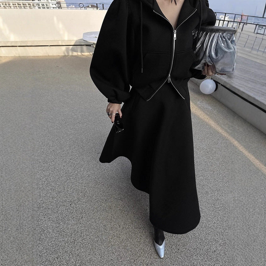 Women's Sweat Set with Balloon Sleeves and Flared Midi Skirt