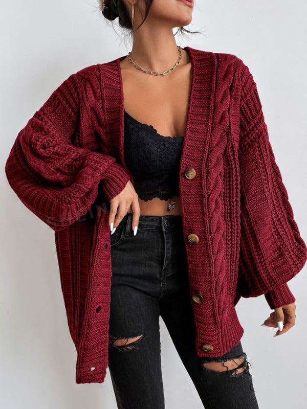 Women's Chunky Cable Knit Oversized Cardigan with Button Closure