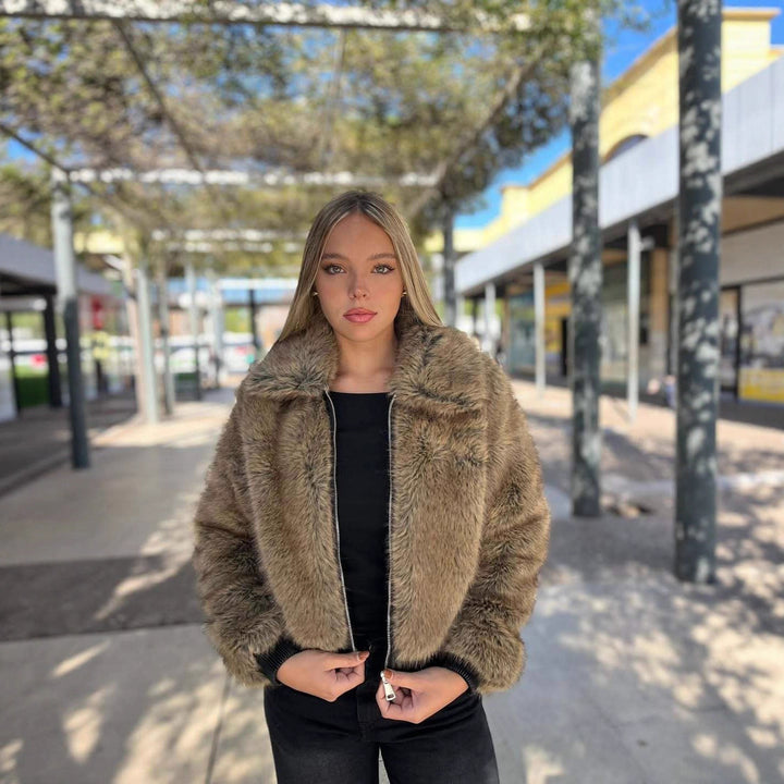 Women's Faux Fur Bomber Jacket with Zip Closure, view 2 - Elena Harper