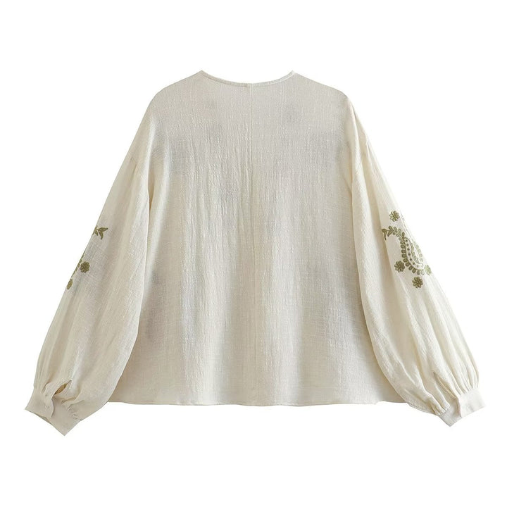 Women’s Embroidered Blouse with Balloon Sleeves and V-Neck EB