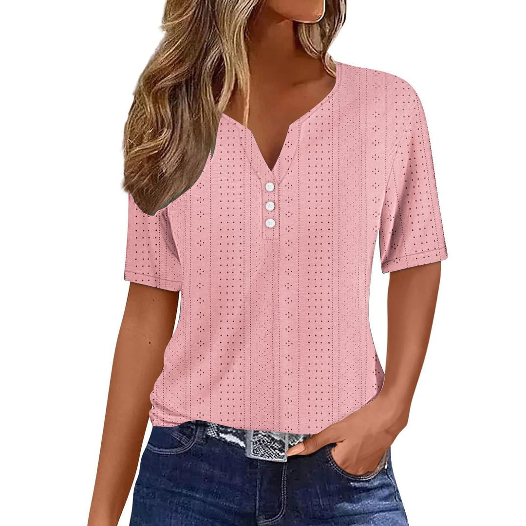 Women's Elegant Mesh Short Sleeve Blouse with Button Detail