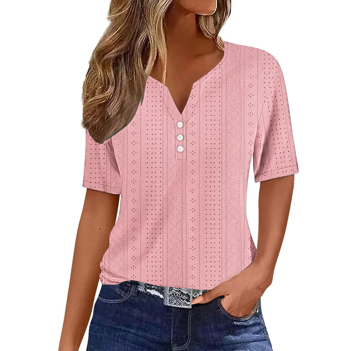 Women's Elegant Mesh Short Sleeve Blouse with Button Detail