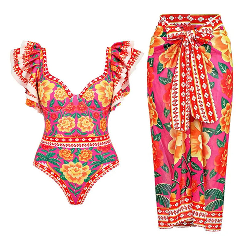 Women's Swimsuit with Ruffle Details and Floral Skirt EB