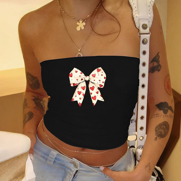Women's Bandeau Top with Romantic Heart Motif and Bow Print EB