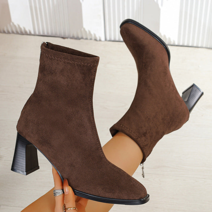 Women’s Suede Ankle Boots with Block Heel and Zipper