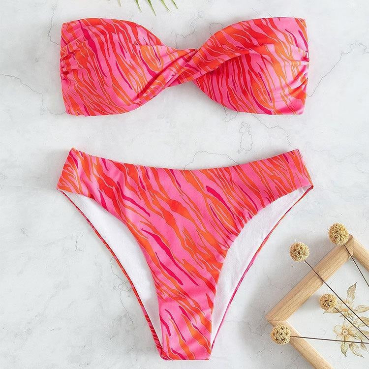 Women's Bandeau Bikini with Ruffles and Stylish Pattern EB