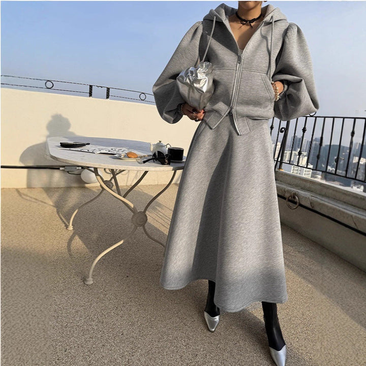 Women's Sweat Set with Balloon Sleeves and Flared Midi Skirt