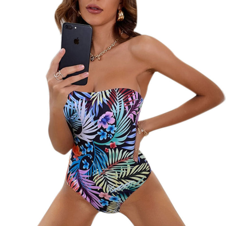 Women's Bandeau One-Piece Swimsuit with Floral Design EB