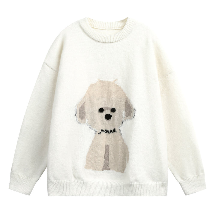Women's Oversized Crew Neck Sweater with Dog Motif