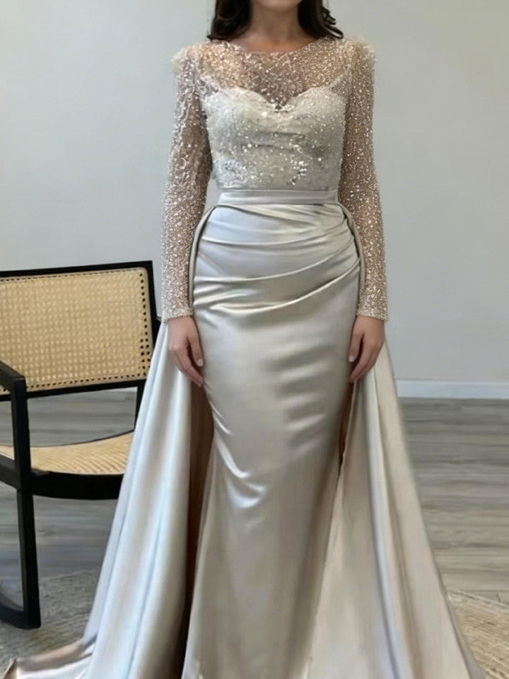 Women's Evening Dress with Sparkling Sequin Top and Elegant Satin Skirt EB