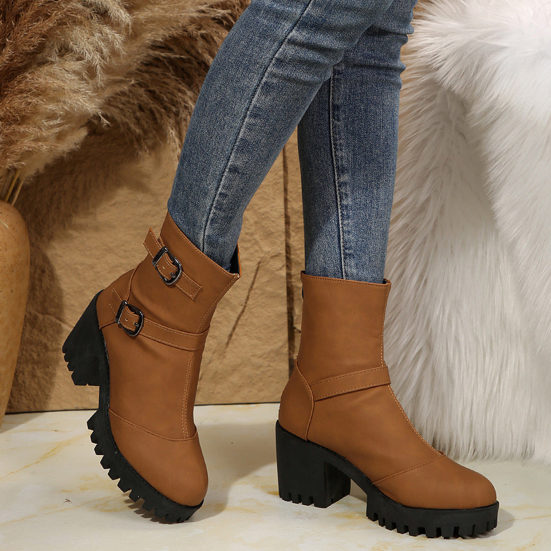 Buckle & Bloom Double-Buckle Chunky-Heel Ankle Boots - Elena Harper