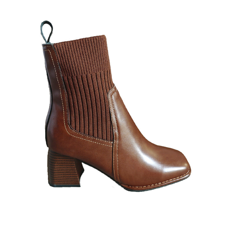 Women's Slip-On Ankle Boots with Block Heel and Knit Shaft