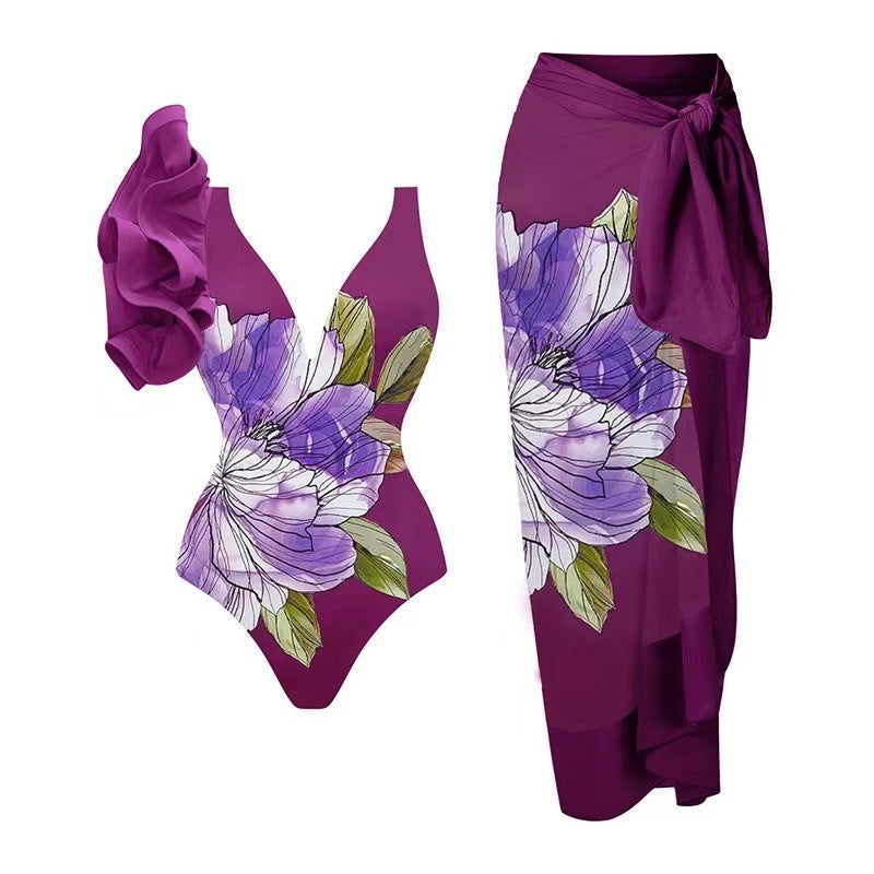 Women's Swimsuit Set with Floral Design and Elegant Wrap Skirt EB