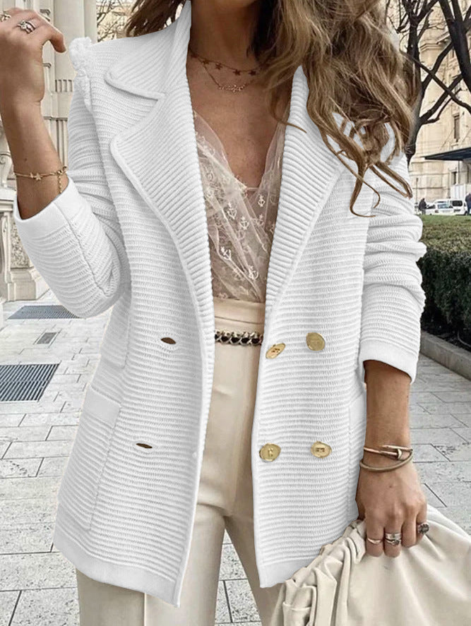 Women's Knit Blazer with Double-Breasted Button Closure and Notched Collar