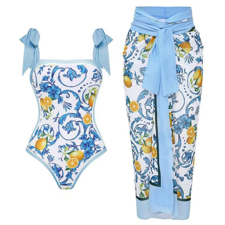 Women's Swimsuit with Floral Design and Transparent Wrap Skirt EB
